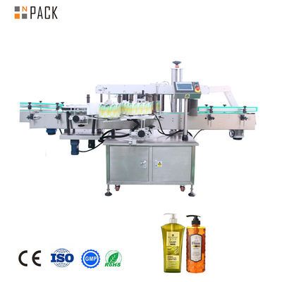 Automatische tweezijdige shampoo vierkant fles etikettering machine met PLC-besturing